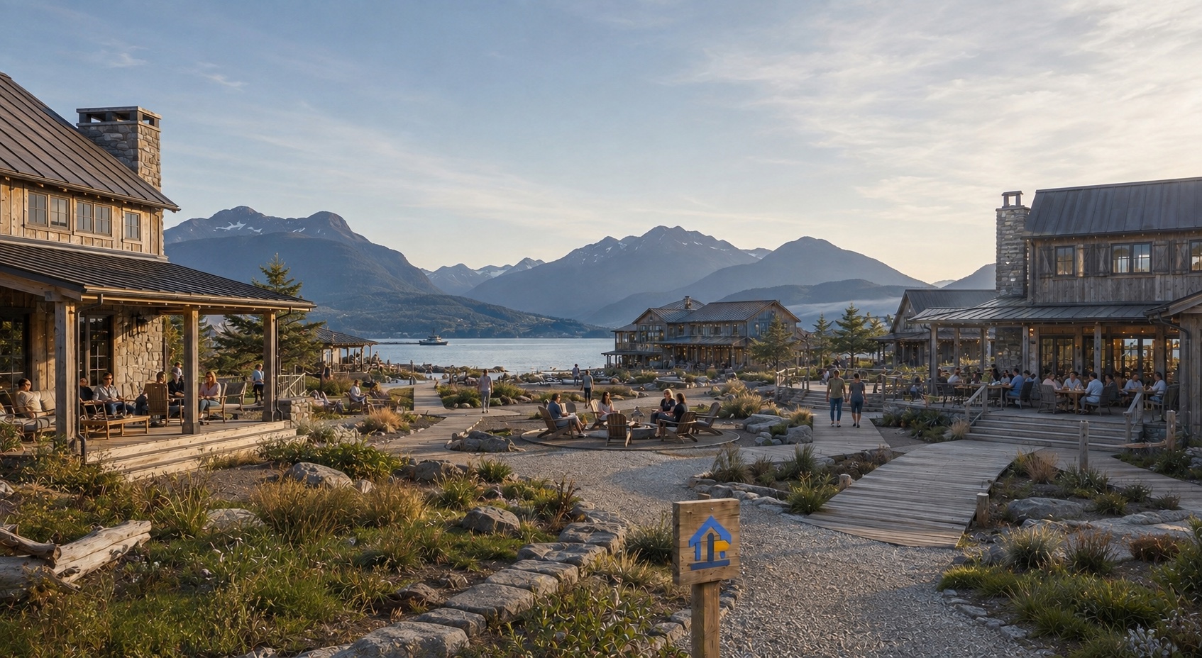A welcoming coastal resort community beside a mountain inlet, with shared paths, gathering places, and a small Mainstay trail marker